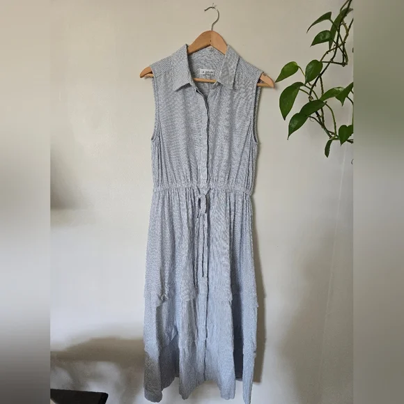 Calvin Klein Size 10 Womens Linen Blend Blue White Striped Sleeveless Dress - Picture 4 of 8